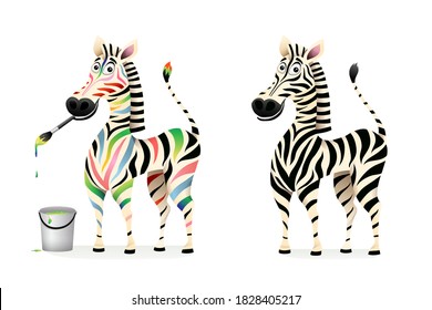 Funny colorful drawing zebra artist and black and white zebra cartoon for kids. African animal character design, 3d vector cartoon graphic.