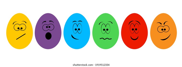 Funny colorful eggs.Emoticons.Smiling faces.Emotion,expression.Cartoon eggs with different faces isolated on transparent background.Happy Easter concept.