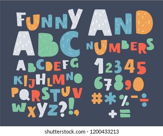 Funny colorful English alphabet, cute bold font on dark background. Handwritten ABC of capital letters. Uppercase characters and special symbols, numbers and signs. Vector cartoon illustration