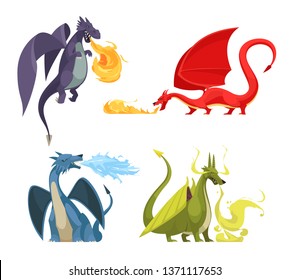 Funny colorful fire breathing dragons 4 icons concept with purple red green blue monsters cartoon vector illustration