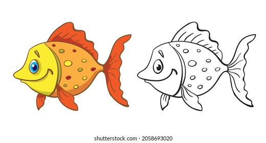 Funny colorful fish and its outline drawing. In cartoon style. Isolated on white background. Vector illustration. For coloring book.