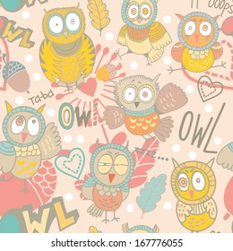 Funny colorful floral seamless pattern with owls and leaves.