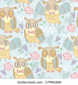 Funny colorful floral seamless pattern with owls and leaves.