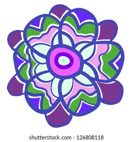 Funny colorful flower isolated on white background. Vector illustration for your beautiful fashion design. Purple, green and pink wallpaper for invitation and greeting card.