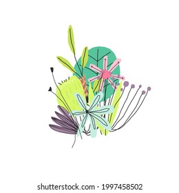 Funny colorful flowers leaves and berries compounded in the bouquet. Vector illustration