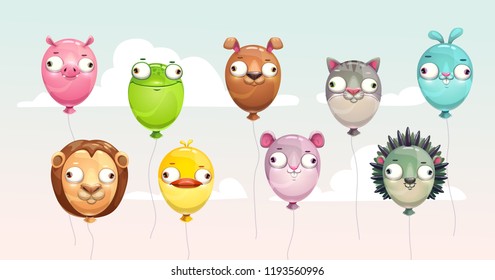 Funny colorful flying balloons with crazy animal faces. Childish icons set. Vector illustration.