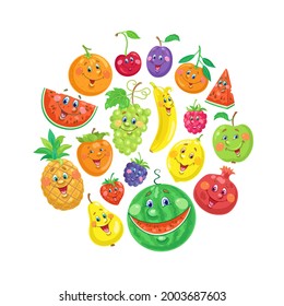 Funny colorful fruits in a circle. In cartoon style. Isolated on white background. Vector flat illustration.