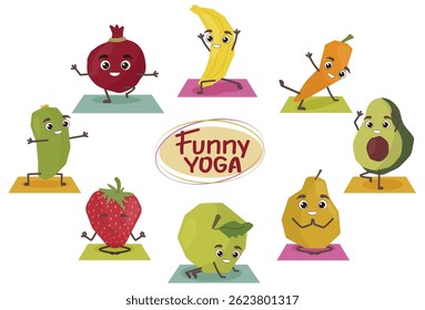 Funny colorful fruits and vegetables doing yoga. Bright colors and geometric shapes create a playful design. Funny hand drawn yoga activities.
