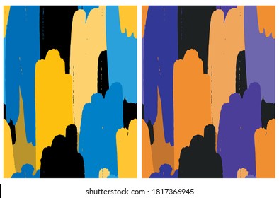Funny Colorful Geometric Irregular Seamless Vector Patterns. Blue, Orange, Yellow, Violet and Black Hand Drawn Stripes Repeatable Print.