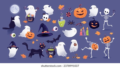 Funny colorful Halloween characters, ghosts, skeletons, pumpkins, cat, bat, magical party decoration