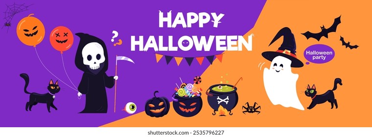 Funny colorful Halloween characters, ghosts, skeletons, pumpkins, cat, bat, magical party decoration