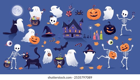 Funny colorful Halloween characters, ghosts, skeletons, pumpkins, cat, bat magical party decoration set