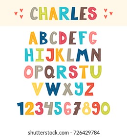 Funny colorful hand drawn English alphabet. Cute letters and numbers. Font