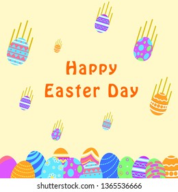 Funny and Colorful Happy Easter greeting card with illustration of falling eggs and text. can use for easter day banner