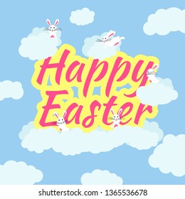 Funny and Colorful Happy Easter greeting card with rabbit, bunny illustration, clouds, and text