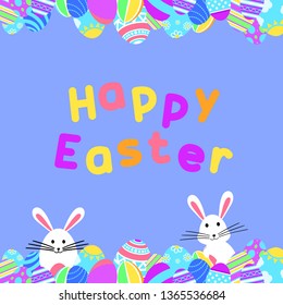 Funny and Colorful Happy Easter greeting card with rabbit, bunny illustration,eggs, banner,flag and text