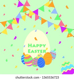 Funny and Colorful Happy Easter greeting, party card with illustration of eggs, banner, flag, confetti party and text. can use for party and easter day.