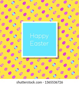 Funny and Colorful Happy Easter greeting card with rabbit, bunny illustration,eggs, banner,flag and text