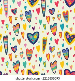 Funny colorful hearts. Valentine's Day design. Seamless pattern.