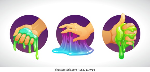 Funny colorful homemade slime holding in the hand. Cool cartoon logo for childish slimy toys. Vector illustration.