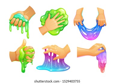 Funny colorful homemade slime holding in the hand. Childish slimy toys set. Vector illustration.