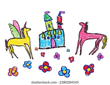 Funny colorful horse, pegasus unicorn. Crayon like child`s hand drawn cute fantasy fairy castle kingdom outdoor and animals. Pastel chalk pencil kids art flat cartoon. Vector doodle simple character