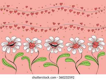 Funny, colorful illustration with white flowers shaped as smiling lips, floating little hearts and bubbles above, all on pink background.