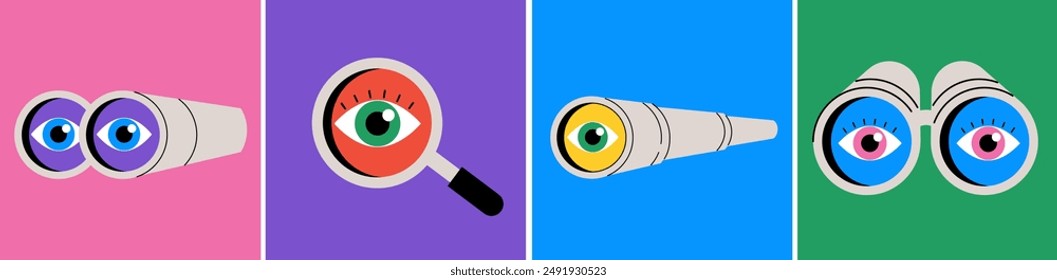 Funny colorful illustrations of binoculars, magnifying glass and spyglass telescope. Seo, searching, looking for, finding, hiring concept. Isolated design elements. Vector illustration and design