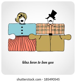 Funny colorful ink drawn card with couple of puzzle people