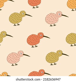 Funny colorful kiwi birds hand drawn vector illustration. Adorable New Zealand furry bird seamless pattern for kids fabric or wallpaper.