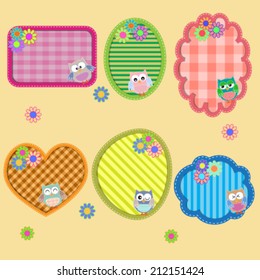 Funny colorful labels with owls and flowers 