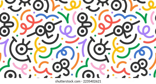 Divertido doodle de línea colorida cara de patrón sin fisuras. Un estilo de arte creativo y minimalista para los niños o un diseño moderno con formas básicas. Sencilla sonrisa infantil y chirrido fondo.