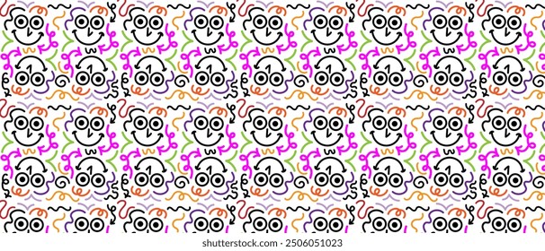 Funny colorful line doodle face seamless pattern. Creative minimalist style art background for children or trendy design with basic shapes