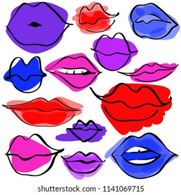 Funny colorful lips kiss pattern, lips texture background, kiss hand drawn, bright wallpaper, print cover, sketch style, art lips, stickers. Vector illustration.