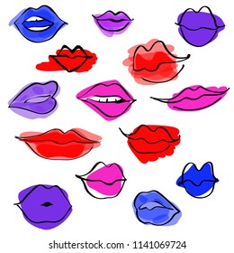 Funny colorful lips kiss pattern, lips texture background, kiss hand drawn, bright wallpaper, print cover, sketch style, art lips. Vector illustration.