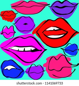 Funny colorful lips kiss pattern, lips texture background, kiss hand drawn, bright wallpaper, print cover, sketch style, art lips. Vector illustration.
