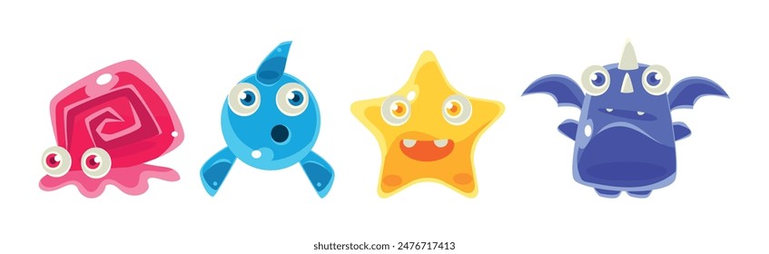 Funny Colorful Little Bubble Character and Cute Jelly Creature Vector Set