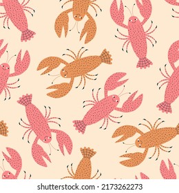 Funny colorful lobsters hand drawn vector illustration. Cute crayfish in flat style seamless pattern for kids fabric or wallpaper.