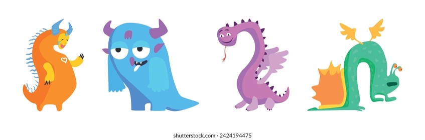 Funny Colorful Monster Character with Horns Vector Set