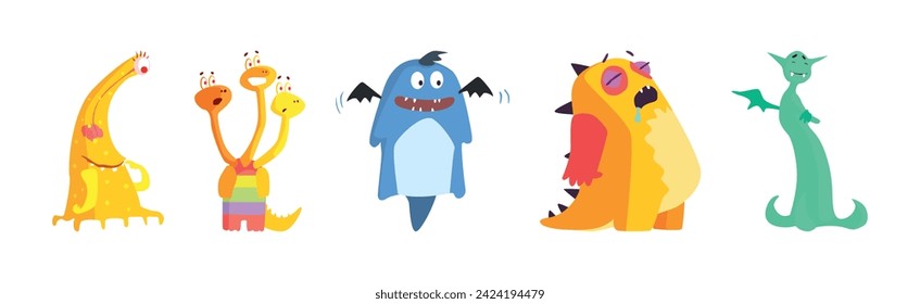 Funny Colorful Monster Character with Horns Vector Set