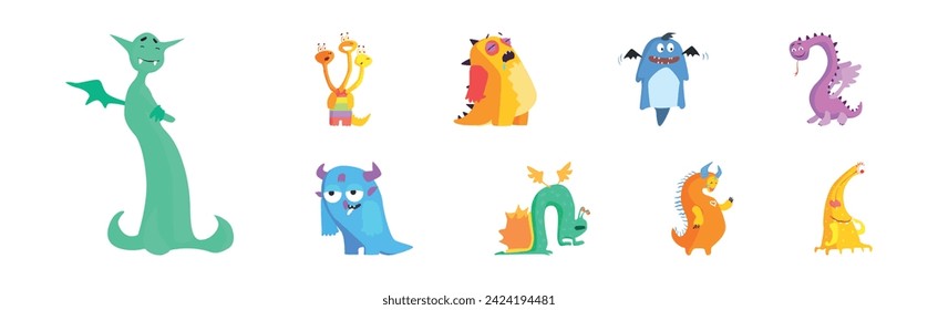 Funny Colorful Monster Character with Horns Vector Set