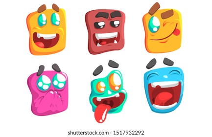Funny Colorful Monsters Set, Slime Cartoon Characters with Different Emotions Vector Illustration