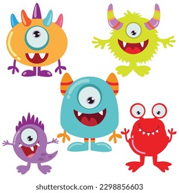 Funny colorful monsters set vector cartoon illustration