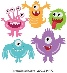 Funny colorful monsters set vector cartoon illustration