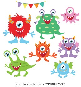 Funny colorful monsters set vector cartoon illustration