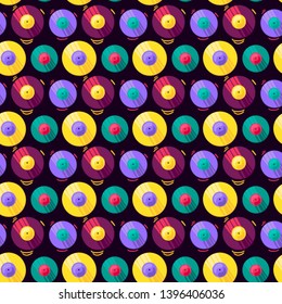 Funny Colorful Musical Vinyl Record Vector Pattern. Vintage Seamless Design Flyer and Poster for Event or Nightclub on Black Background. Modern Creative Sketch for Print. Flat Cartoon Illustration