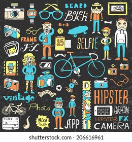 Funny colorful on dark hipsters doodle set. Hand drawn vector illustration.