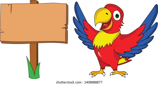 funny colorful parrot standing on the side of a banner sign showing presenting open wings