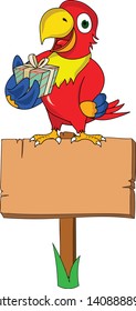 funny colorful parrot standing top of a banner sign gift box in hand