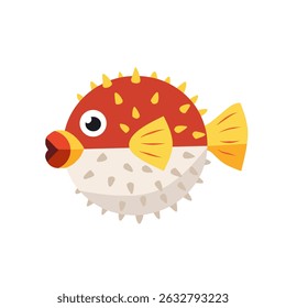 Funny and colorful pufferfish illustration with spines and big eyes, in a cartoon style. Great for underwater themes, ocean kids books, or marine life visuals
